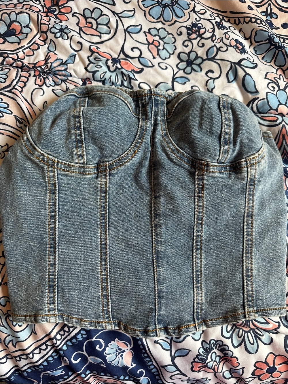 PacSun Denim Smocked Strapless Crop Top - Light Blue